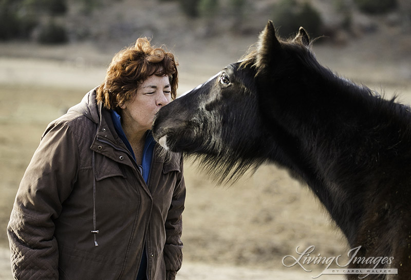 Susan Watt and Diamond Girl's filly share a kiss